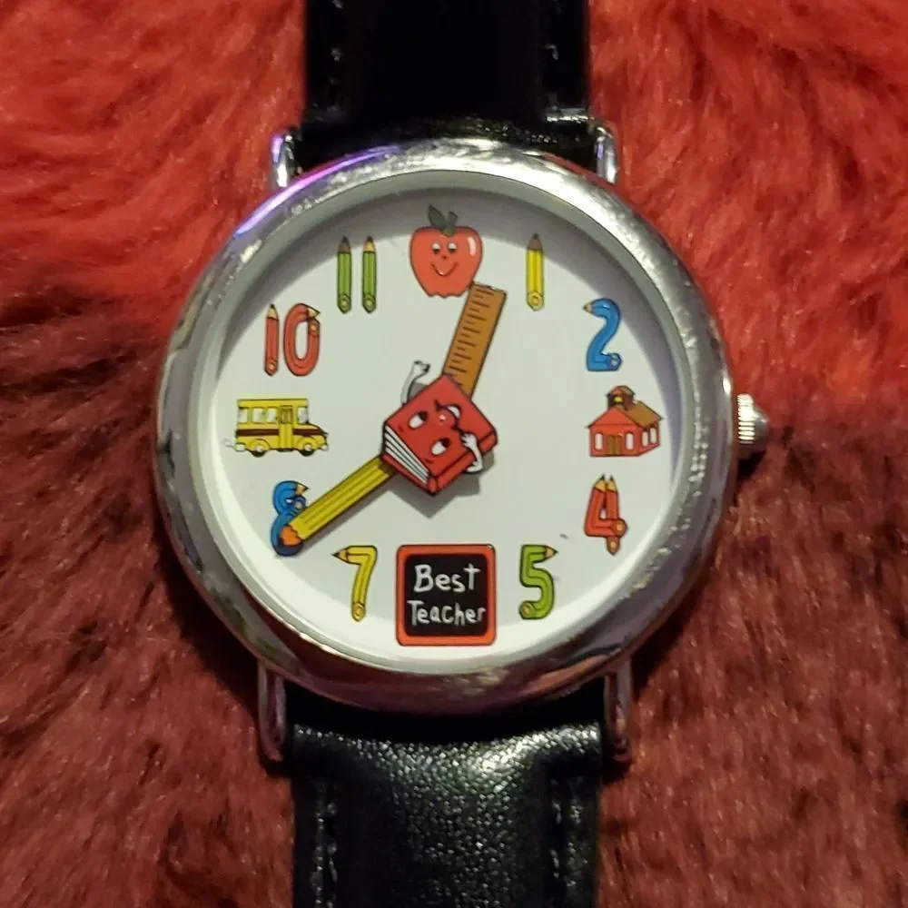 Best‎ Teacher Rotating Book Analog Watch Black Vegan Leather Band School Bus
